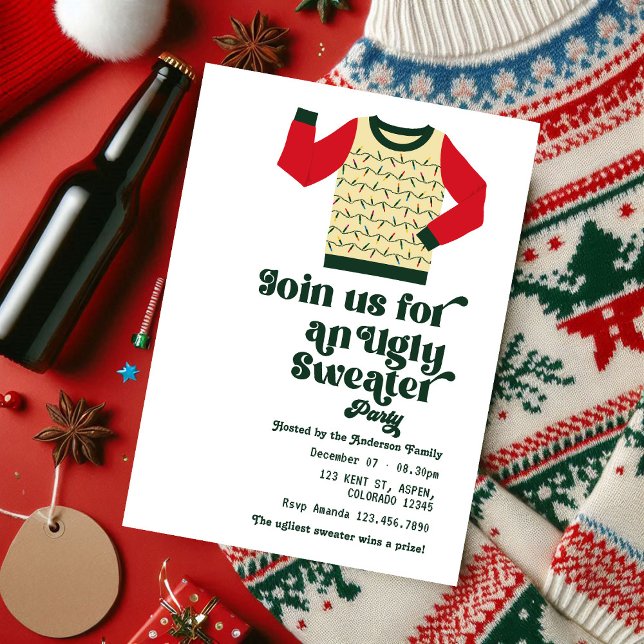 Convites Festa de Natal com Suéter Feio Retrô (Retro Ugly Sweater Christmas Party Invitation)