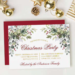 Convites Festa de Natal com Vegetação em Aquarela Vermelho