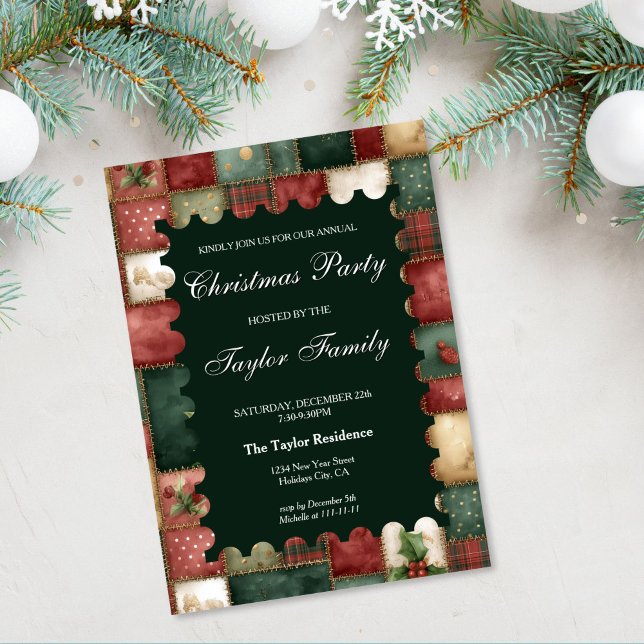 Convites Festa de Natal com Verde da Moda de Inverno Divert (christmas patchwork colorful warm watercolor party invitation)