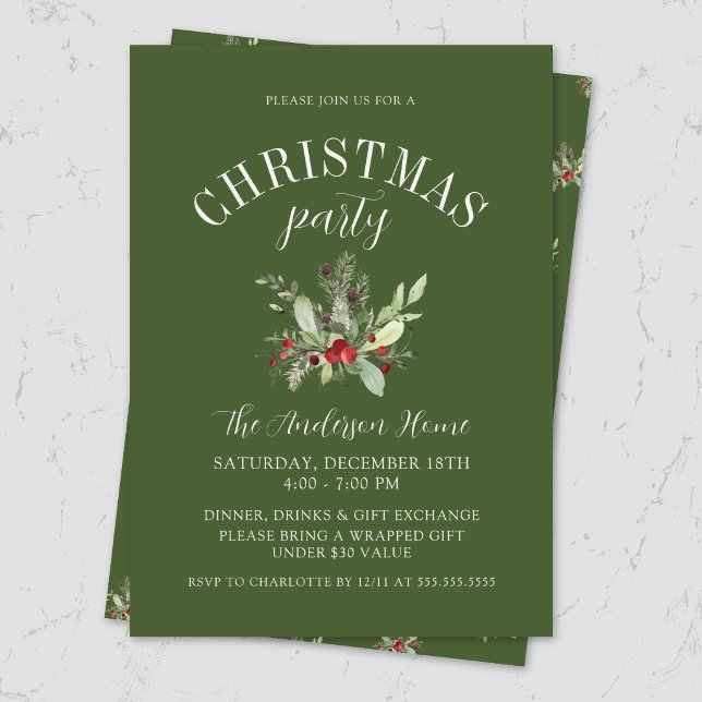 Convites Festa de Natal com Visco Verde Elegante (Elegant modern Christmas party invitation with watercolor mistletoe for festive holiday luxury event)