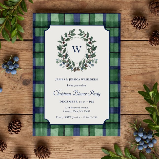 Convites Festa de Natal com Xadrez Heritage Crest (Christmas Dinner Party Invitation by Darling & May)