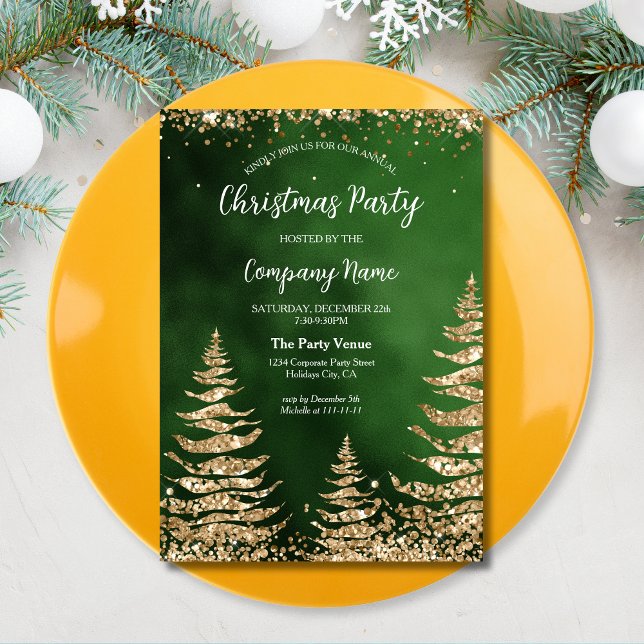 Convites Festa de Natal Corporativa Elegante Dourada Glitte (modern glitter pine tree on the green background christmas corporate party invitation)