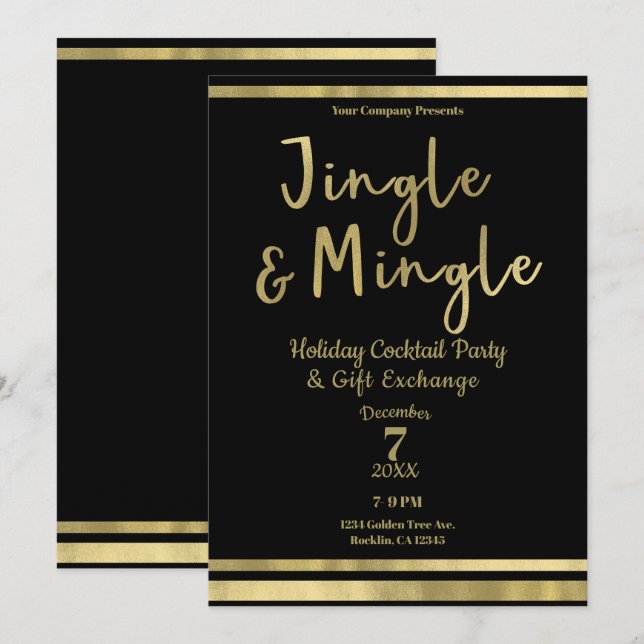 Convites Festa de Natal Corporativa Jingle & Mingle Gold (Frente/Verso)