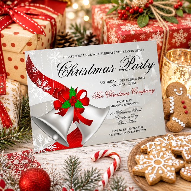 Convites Festa de Natal Corporativa Red Loop Silver Bells (Criador carregado)