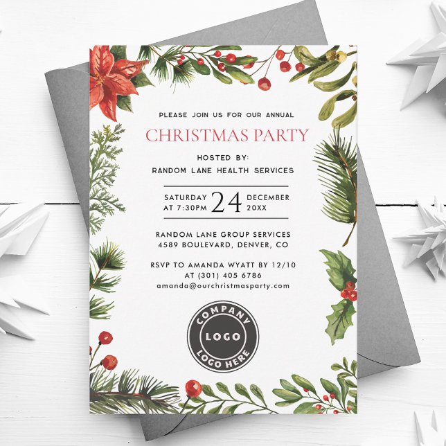 Convites Festa de Natal Corporativo Holly Berries (Modern Business Logo Christmas Party Red Berries Greenery Invitation)