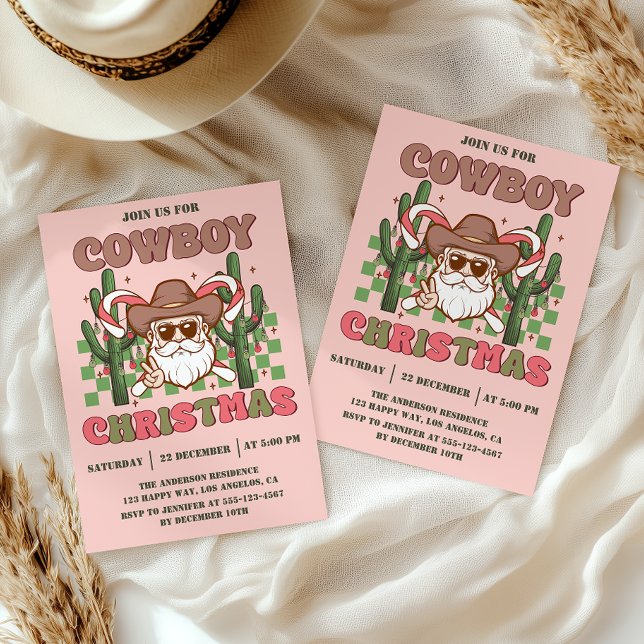 Convites Festa de Natal Cowboy Retro Rosa (Criador carregado)