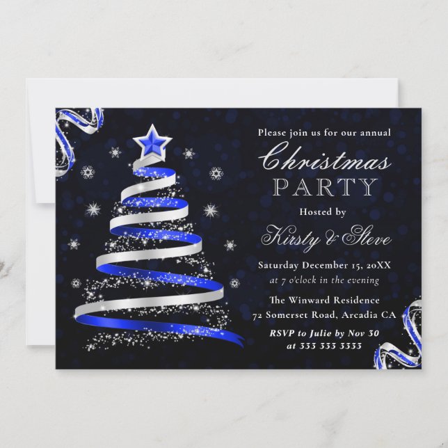 Convites Festa de Natal da Árvore de Fita Azul e Prata (Frente)