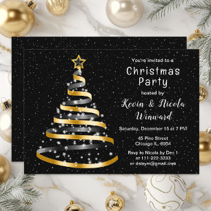 Convites Festa de Natal da Árvore de Fita Dourada e Preta