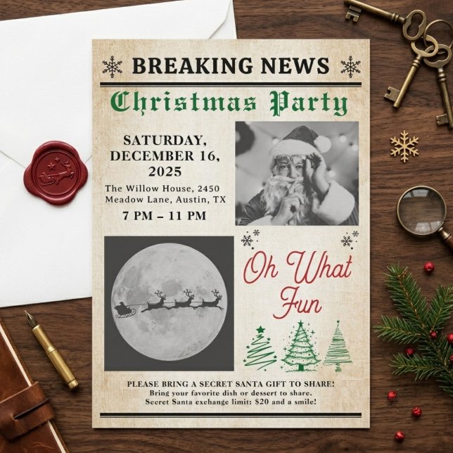 Convites Festa de Natal da Árvore de Jornal Antigo (christmas invitations )