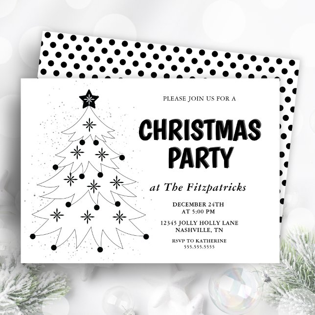 Convites Festa de Natal da Árvore Festiva Preta e Branca (Black and White Festive Tree Christmas Party Invitation)