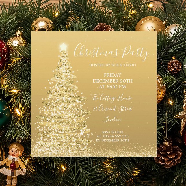 Convites Festa de Natal da Árvore Glitter Dourada Elegante  (Elegant Gold Glitter Tree Christmas Party Invitation)