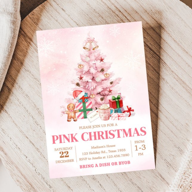Convites Festa de Natal da Árvore Rosa (Pink Winter Christmas Tree Christmas Party Invitation)