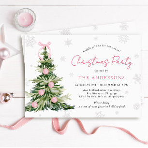 Convites Festa de Natal da Árvore Tradicional com Laço Rosa