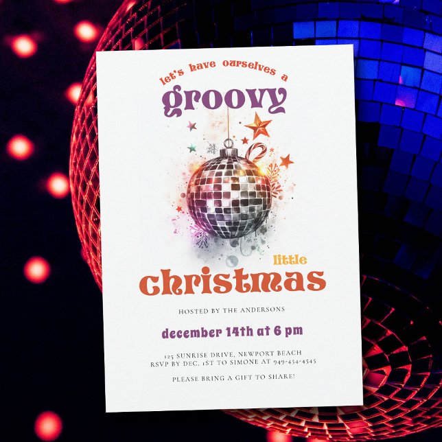 Convites Festa de Natal da Bola Disco de Natal Groovy (groovy little christmas ball bauble hippie 70s nostalgia retro vintage party invitation)