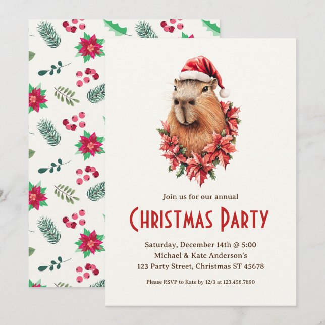 Convites Festa de Natal da Capybara Santa Hat Poinsettias (Frente/Verso)