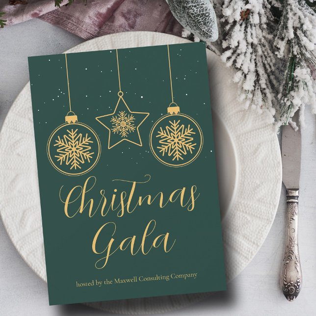 Convites Festa de Natal da Empresa Chic Green Gold Ornament (Criador carregado)