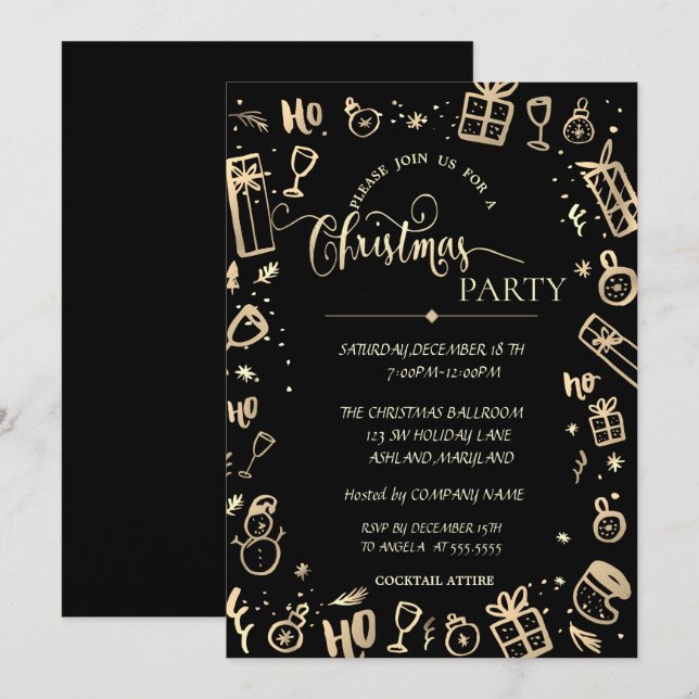 Convites Festa de Natal da Empresa Elegant Gold Black (Frente/Verso)