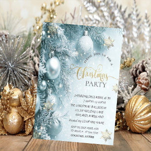 Convites Festa de Natal da Empresa Gold Snowflakes, Blue Ba