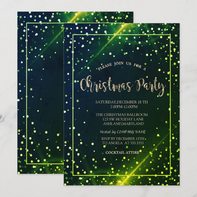 Convites Festa de Natal da Empresa Verde com Pontos Dourado (Frente/Verso)