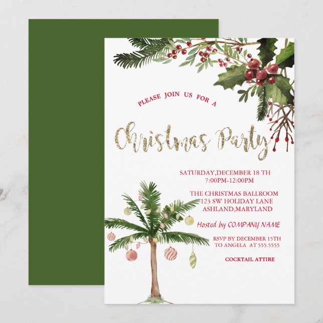Convites Festa de Natal da Holly Berries Palm Tree Company (Frente/Verso)