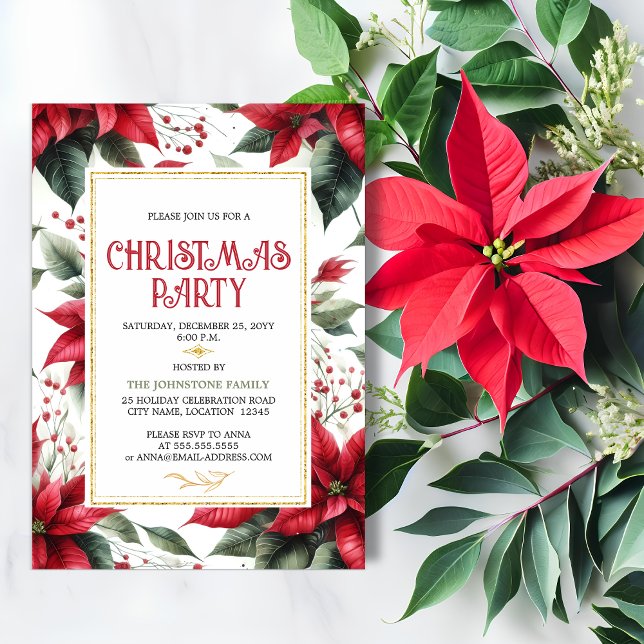 Convites Festa de Natal da Poinsettia Vermelha Elegante (Elegant red poinsettia Christmas holiday party invitation front view.)