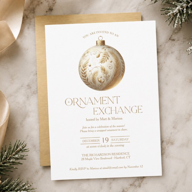Convites Festa de Natal da Troca de Enfeites (chic elegant white and gold ornament exchange Christmas holiday invitation)