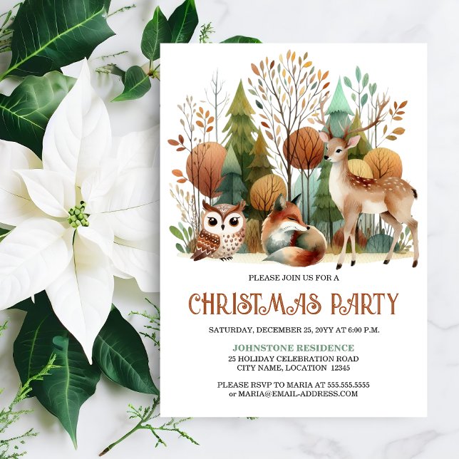 Convites Festa de Natal da Woodland Whimsic (Whimsical Woodland Christmas Party invitation front view.)