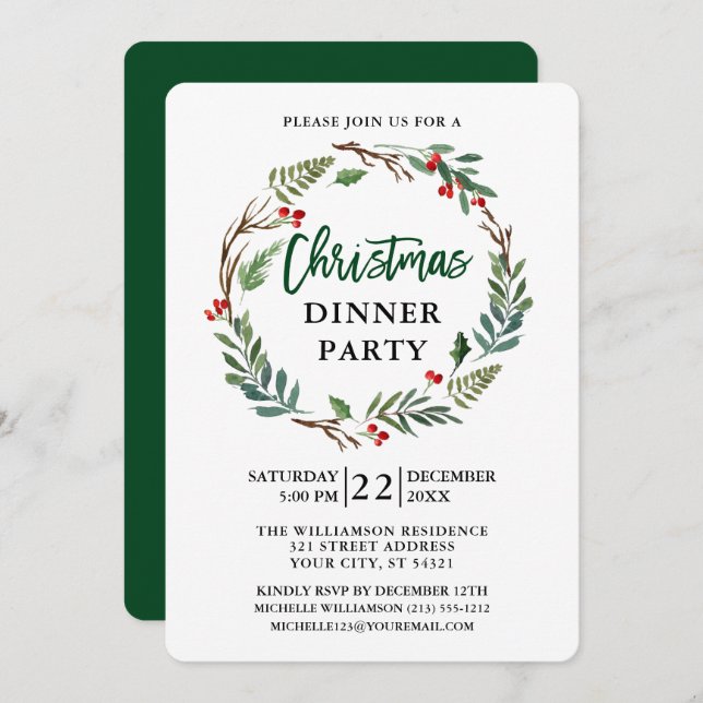 Convites Festa de Natal da Wreath Watercolor Wreath Script  (Frente/Verso)