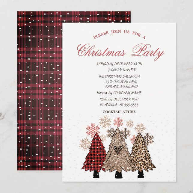 Convites Festa de Natal da Xadrez Vermelha da Neve Pine Tre (Frente/Verso)