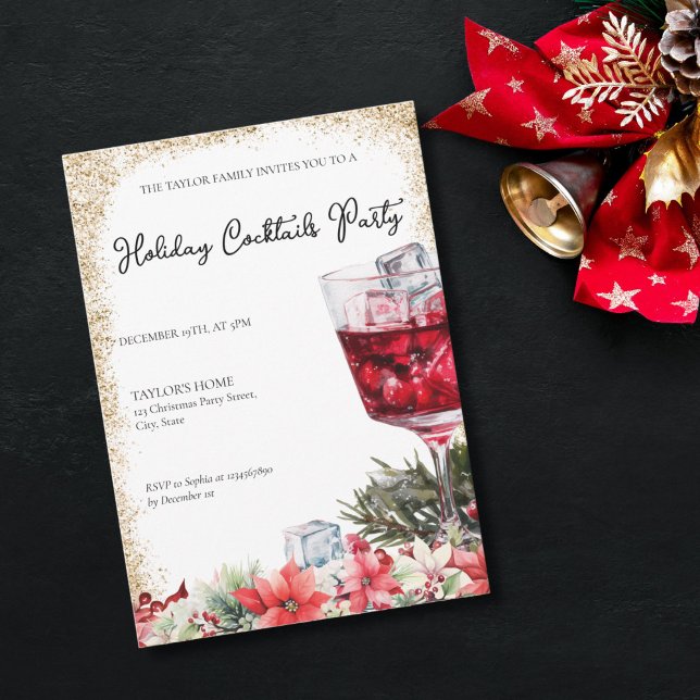 Convites Festa de Natal das Bebidas Festivas (elegant watercolor christmas red cocktail with gold glitter frame party or dinner invitation)