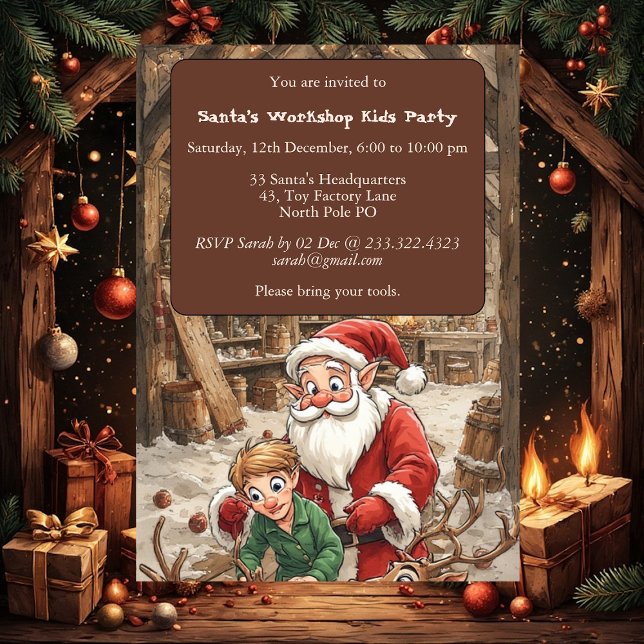 Convites Festa de Natal das Crianças na Oficina do Papai No (Santa’s Workshop Kids North Pole Christmas Party Invitation)