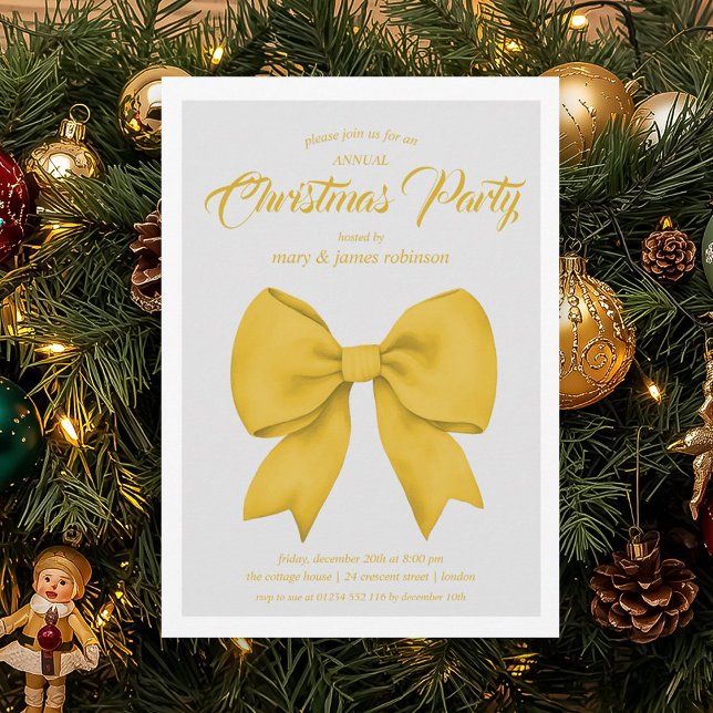 Convites Festa de Natal de Arco Dourado Festivo (Festive Gold Bow Christmas Holiday Party Invitation)