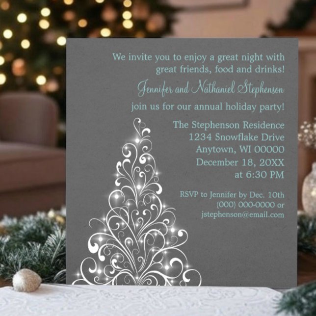 Convites Festa de Natal de Árvore de Férias Sparkly, Cinza  (Dark Gray Sparkly Holiday Tree Christmas Party Invitation)