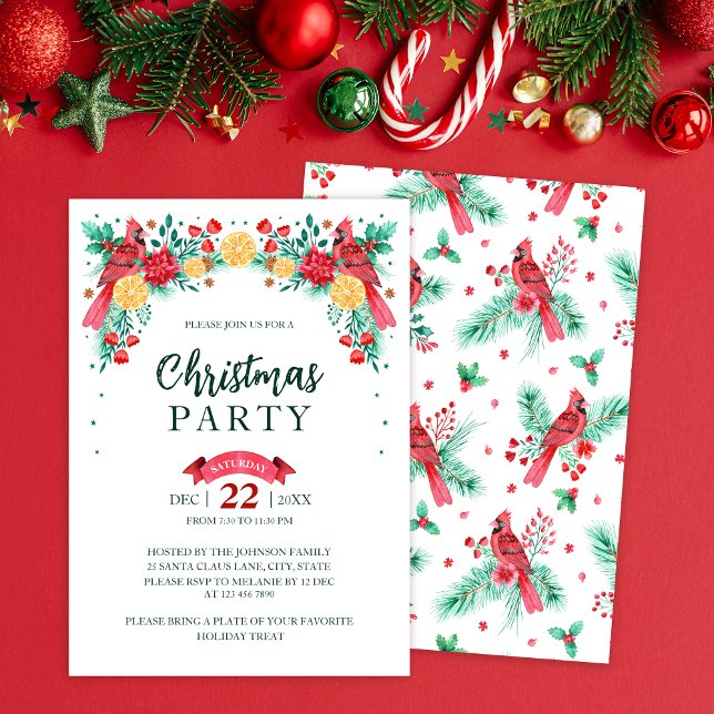 Convites Festa de Natal de Aves Cardinais Vermelhas de Aqua (Watercolor Red Cardinal Birds Christmas Party Invitation)