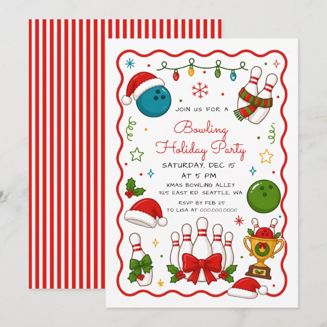 Convites Festa de Natal de Boliche Doodle Holiday (Frente/Verso)