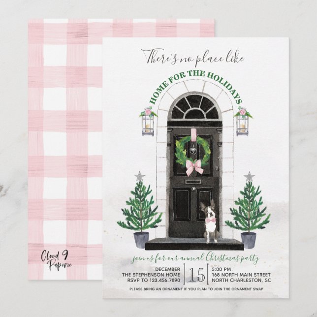 Convites Festa de Natal de Boston Terrier Dog Holiday (Frente/Verso)