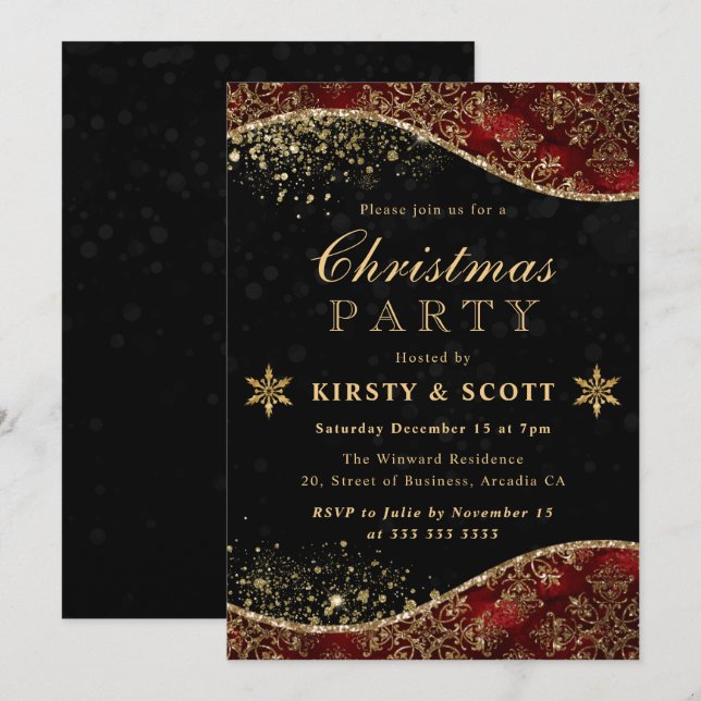 Convites Festa de Natal de Damasco Vermelho e Dourado (Frente/Verso)