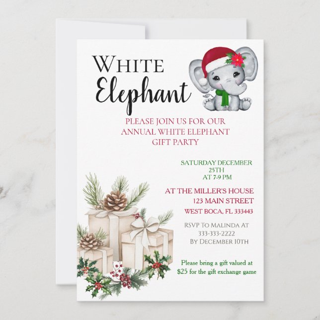 Convites Festa de Natal de Elefante Branco para Crianças Mo (Frente)