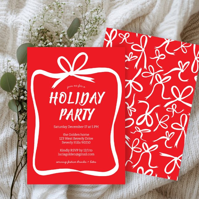 Convites Festa de Natal de Férias de Férias de Férias de Fi (Bow Ribbon Frame Holiday Christmas Party CUSTOM Invitation
)