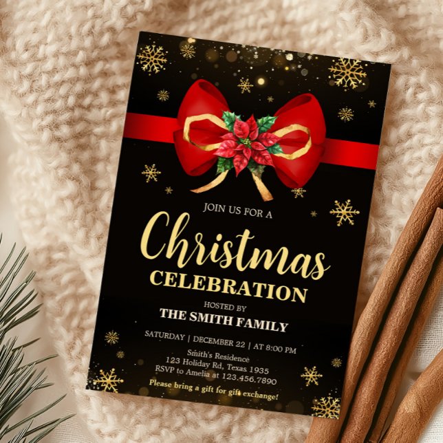 Convites Festa de Natal de Férias do Arco Elegante Vermelho (Elegant Bow Holiday Christmas Party Invitation)