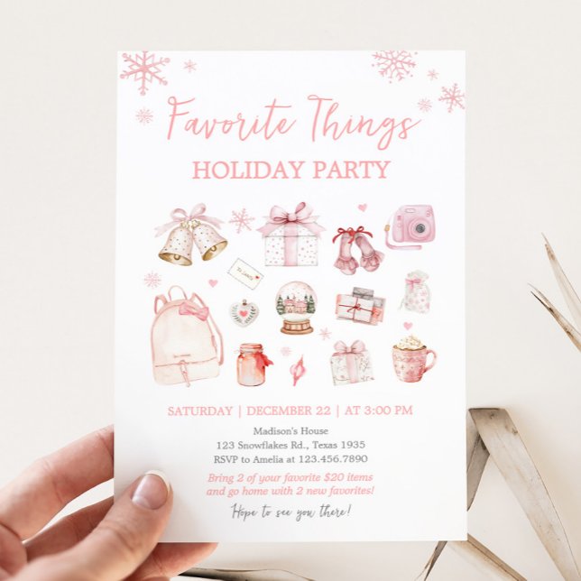 Convites Festa de Natal de Férias, Férias e Coisas Favorita (Pink Holiday Favorite Things Christmas Party Invitation)