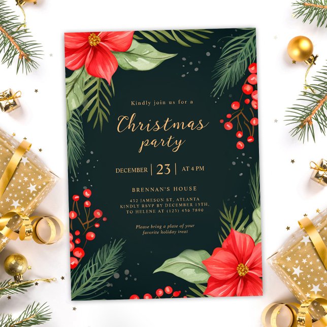 Convites Festa de Natal de Férias Vermelhos Verde (Green Red Greenery Holiday Christmas Party Invitation)