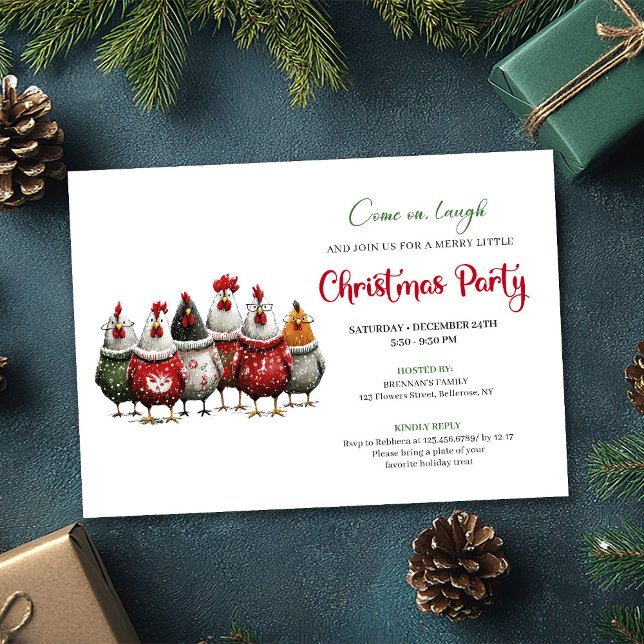 Convites Festa de Natal de Galinhas Vermelhas e Verdes Capr (Whimsical Red Green Chickens Christmas Party Invite)