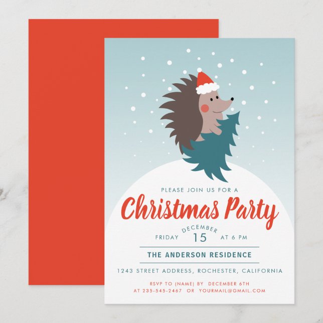 Convites Festa de Natal de Hedgehog Bonita e Moderna (Frente/Verso)