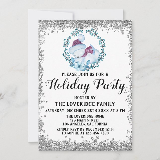 Convites Festa de Natal de inverno Blue Wreath Prata (Frente)