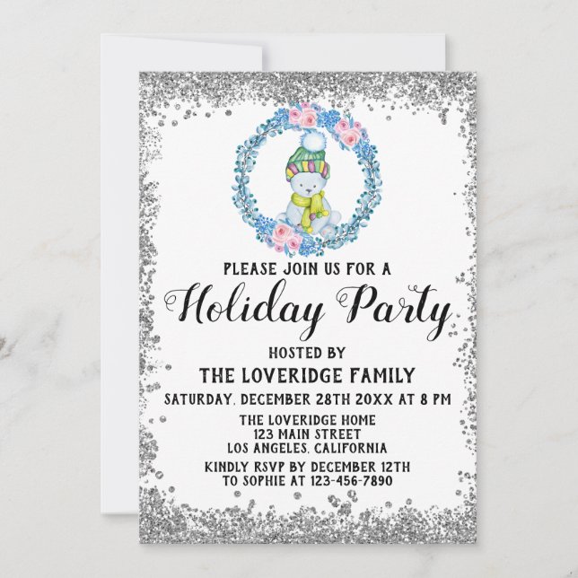 Convites Festa de Natal de inverno Blue Wreath Prata (Frente)