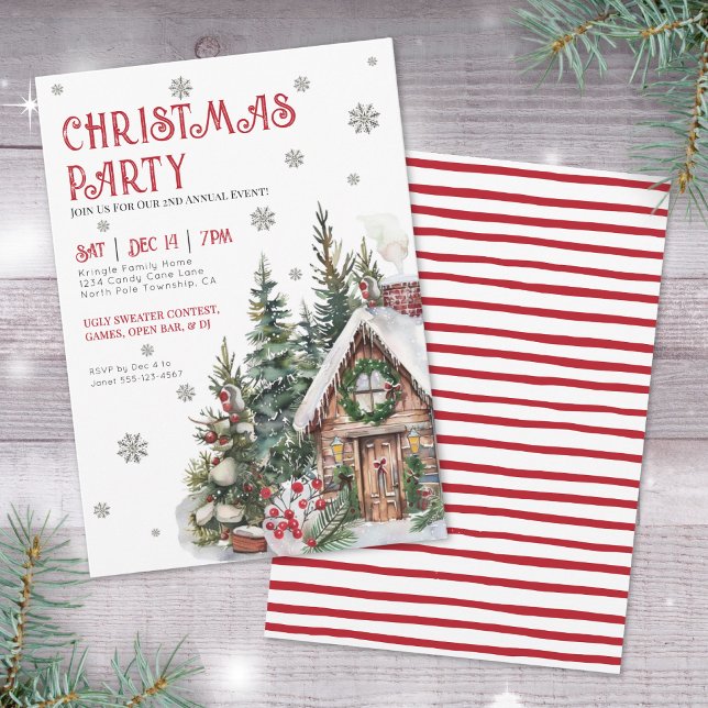 Convites Festa de Natal de inverno com Aquarela Festiva (Festive Watercolor Winter Christmas Party Invitation)