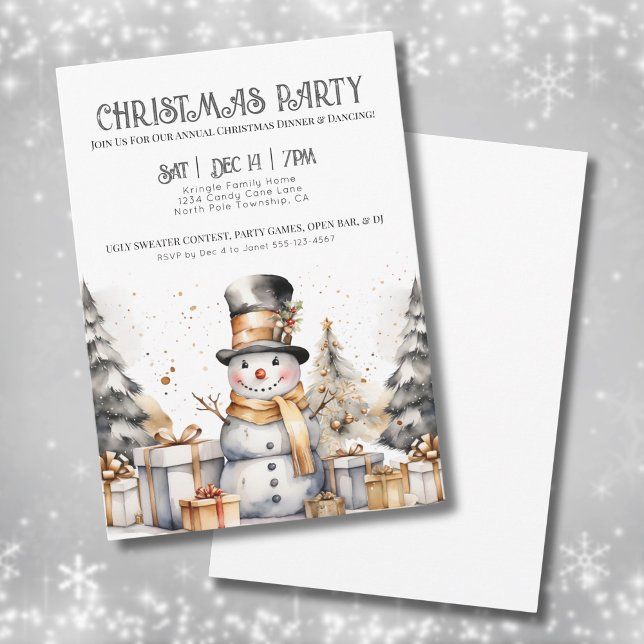 Convites Festa de Natal de Inverno Festiva Preto Branco (Snowman Winter Christmas Party Invitation)