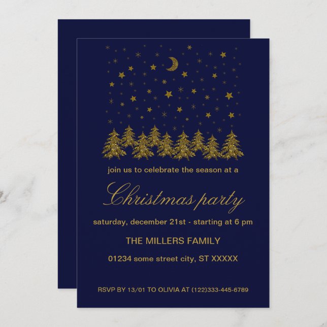 Convites Festa de Natal de ouro cintilante (Frente/Verso)
