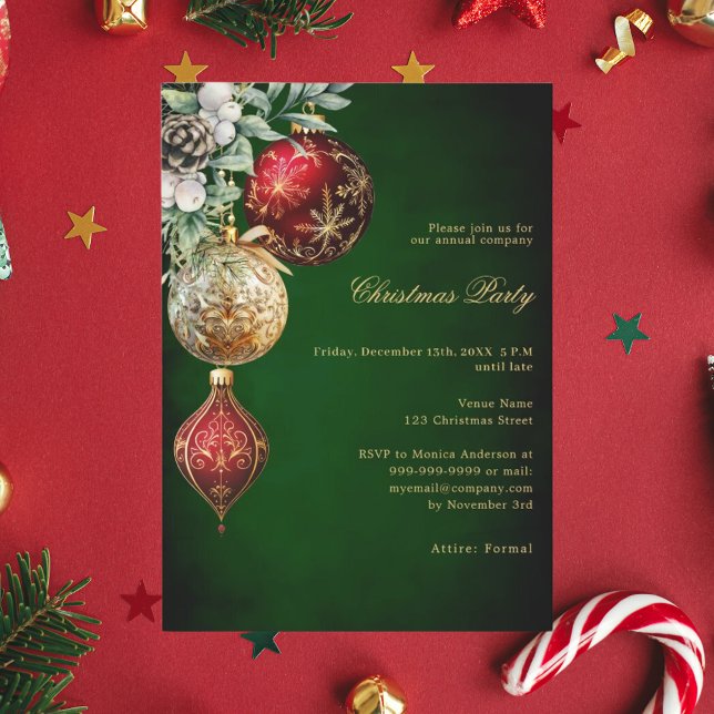 Convites Festa de Natal de ouro vermelho verde (Criador carregado)